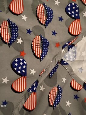Patriotic Lips & Stars Print Scrub Top - Red, White & Blue
